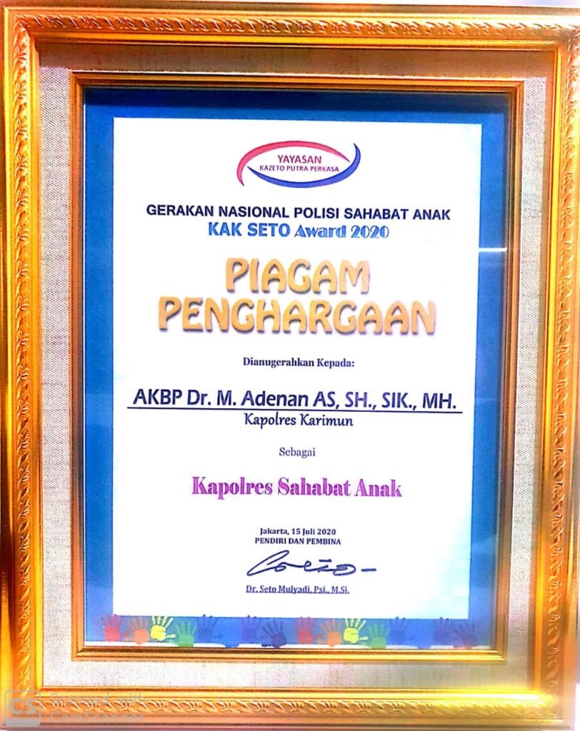 Kapolres Karimun Dianugerahi Kapolres Sahabat Anak Kak Seto Award 2020