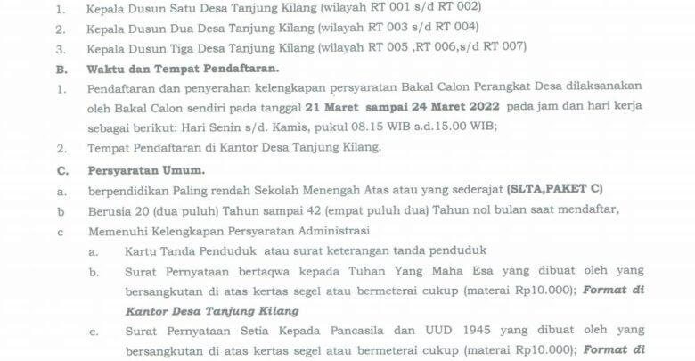 Desa Tanjung Kilang Buka Penjaringan Perangkat Desa
