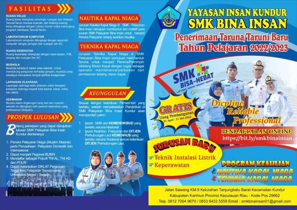 SMK Pelayaran Bina Insan Membuka Penerimaan Taruna/Taruni Baru Tahun 2022