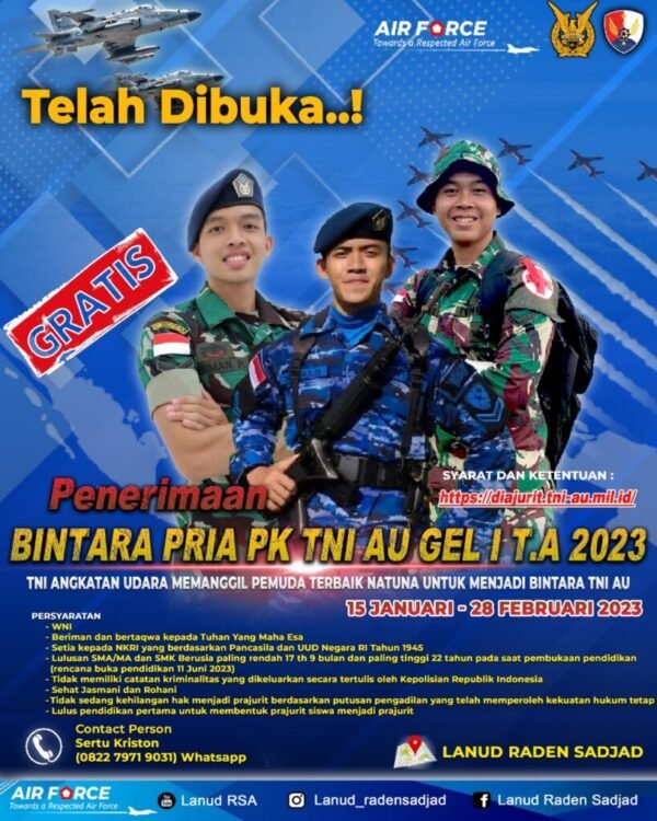 Lanud Raden Sadjad Buka Pendaftaran Bintara Pria PK Gelombang I TA 2023