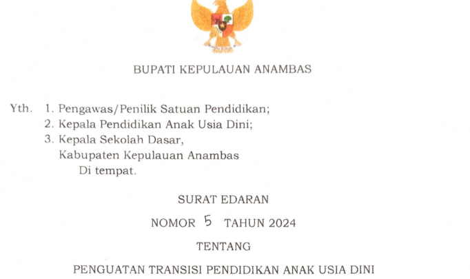 Surat Edaran Pemkab Anambas Tentang Penguatan Transisi PAUD Ke SD