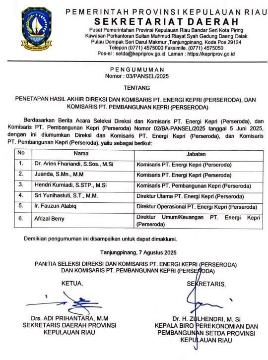 Juanda Jabat Komisaris PT. Energi Kepri (Perseroda)